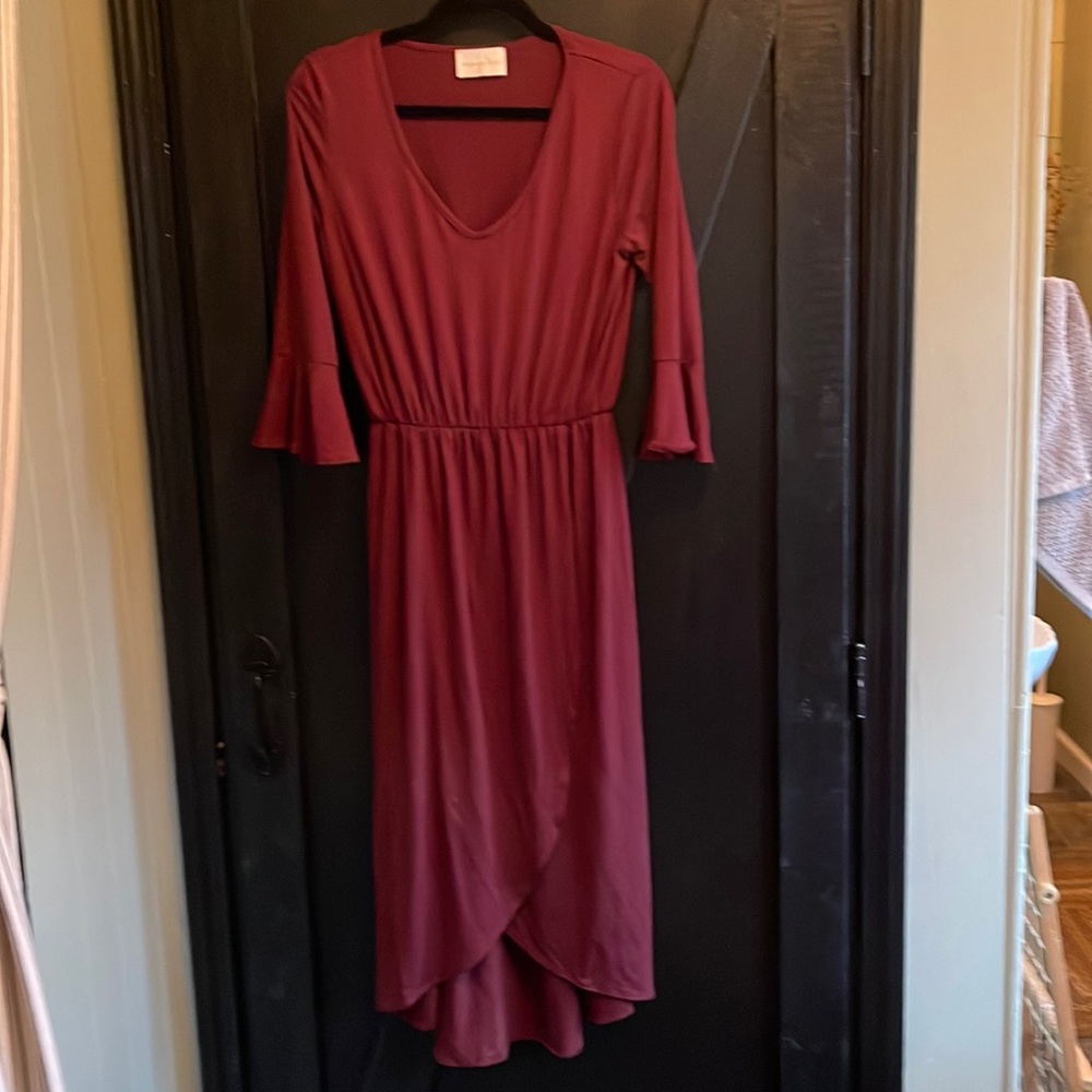 S/M boutique cotton dress. Mock wrap dress. Burgundy.